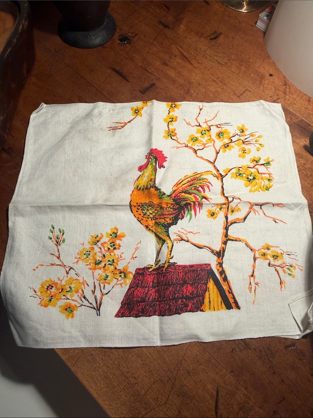 Vintage Rooster Print Tea Towel - Yellow & Red Floral Design
